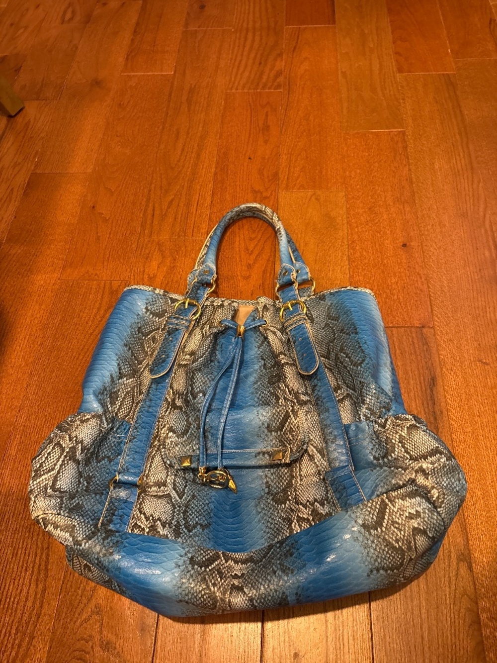 IMAN XL Blue Faux Snake Print Tote Handbag